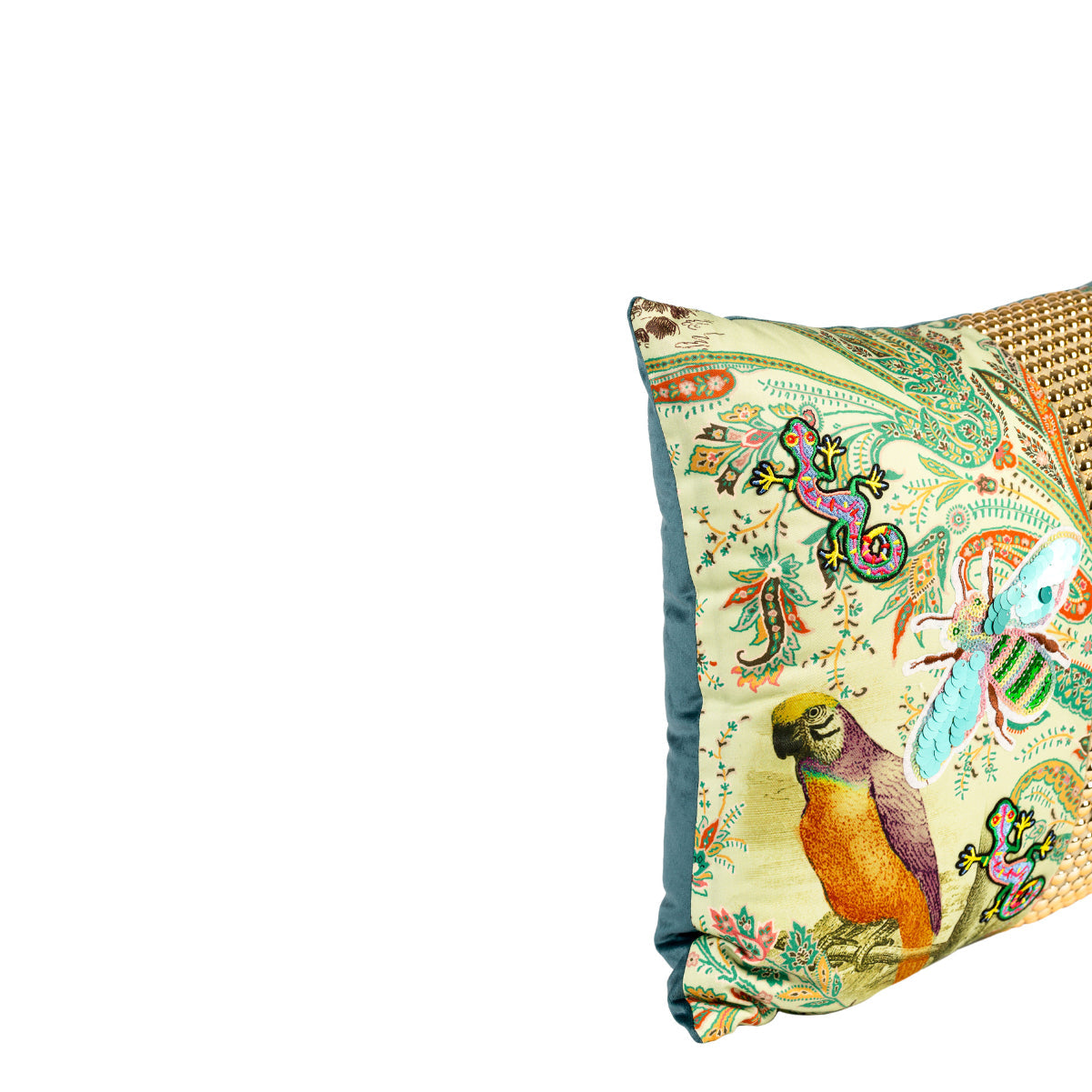 DINJA 37x45 Birds and Lizard Cushion with Gold Appliqués and Green Velvet Back