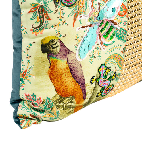 Cushion DINJA 37x45 Birds and Lizard with Gold Appliqués and Green Velvet Back