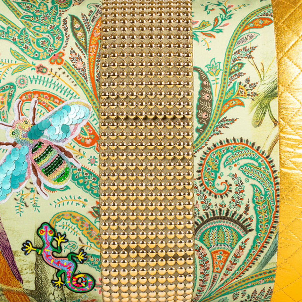 DINJA 37x45 Birds and Lizard Cushion with Gold Appliqués and Green Velvet Back