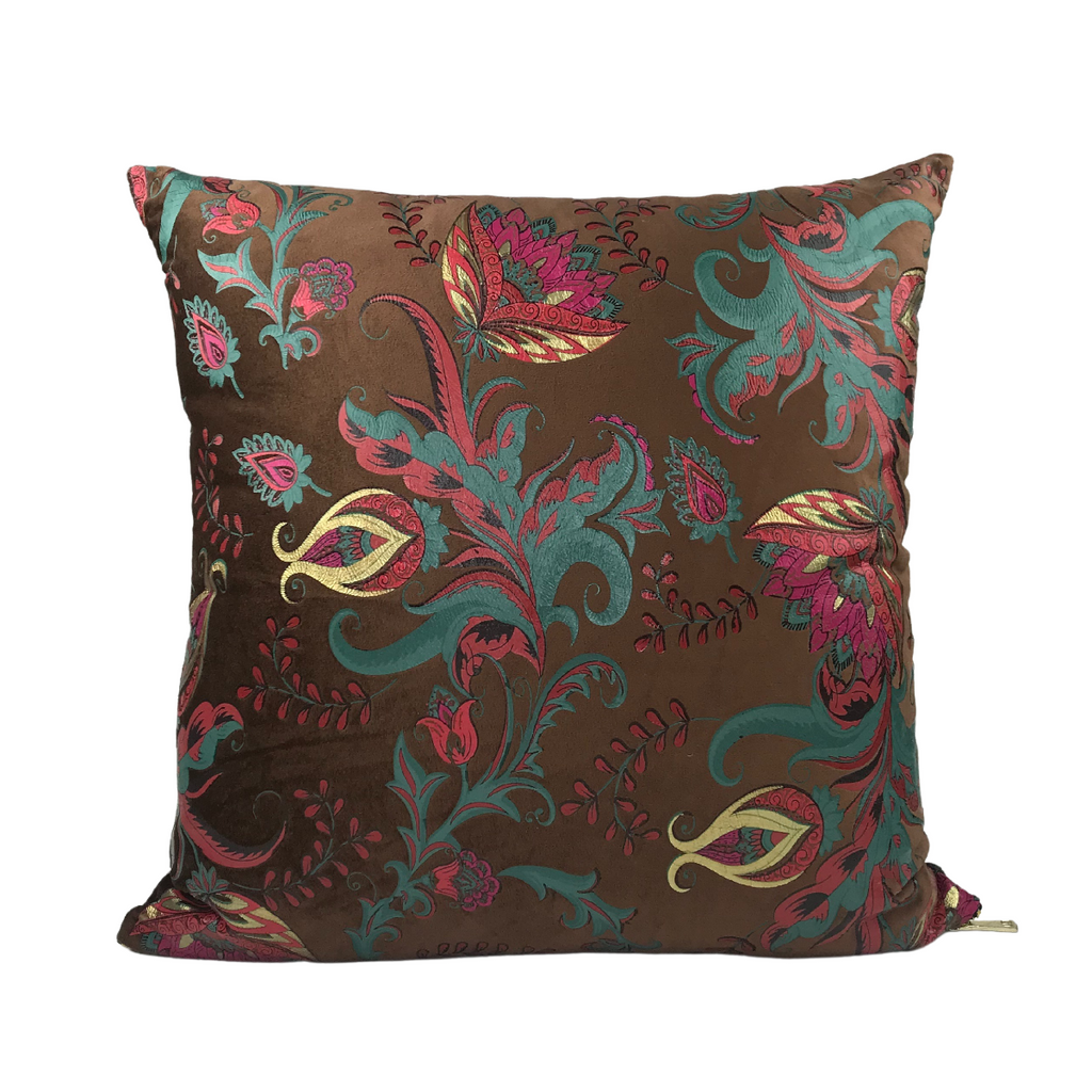 Almofada FJURI 45x45 Castanho com Flores Verde e fecho dourado