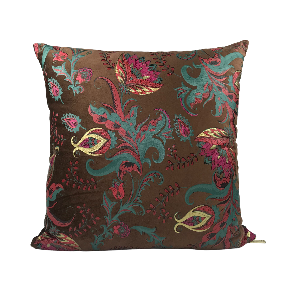 Almofada FJURI 45x45 Castanho com Flores Verde e fecho dourado