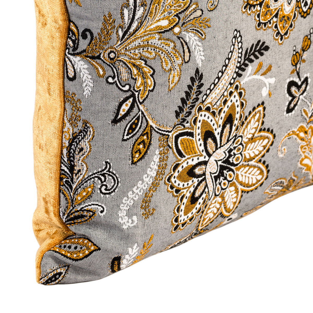 Cushion FJURI 45x45 with Flower Pattern and Mustard Velvet Back