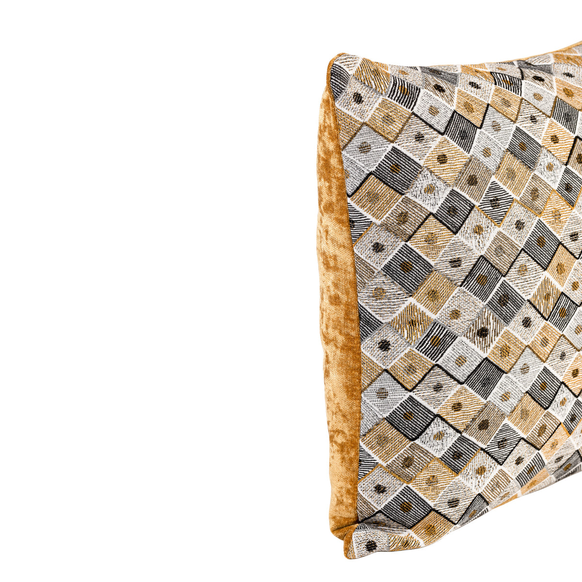 MUDELL Cushion 45x45 Black Mustard Gray Geometric Pattern with Yellow Velvet Back