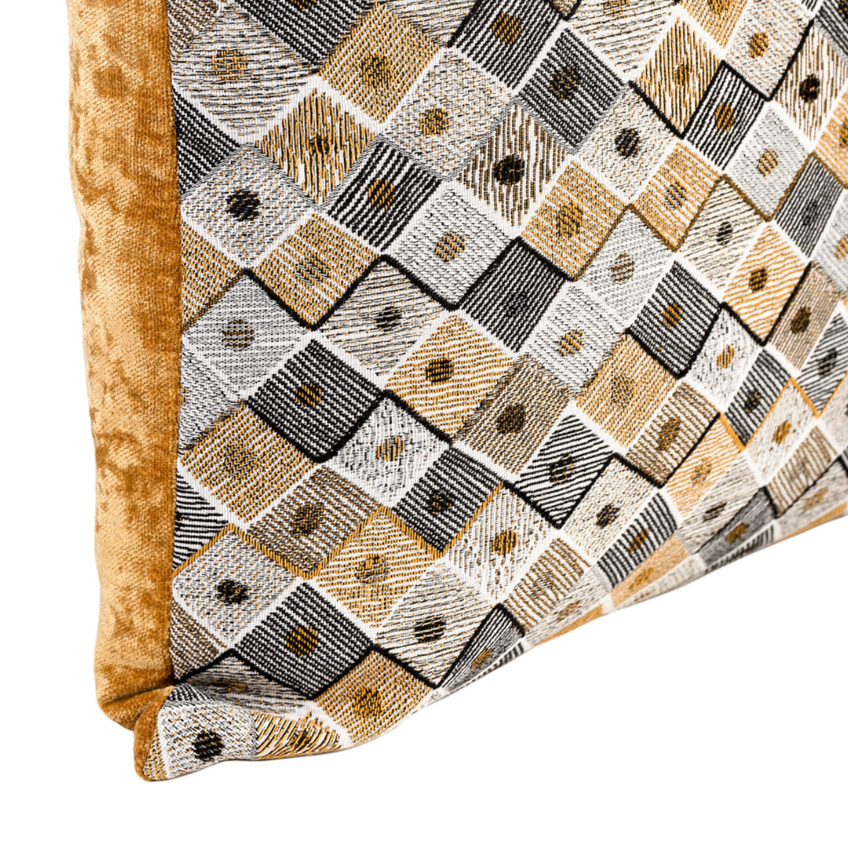 MUDELL Cushion 45x45 Black Mustard Gray Geometric Pattern with Yellow Velvet Back