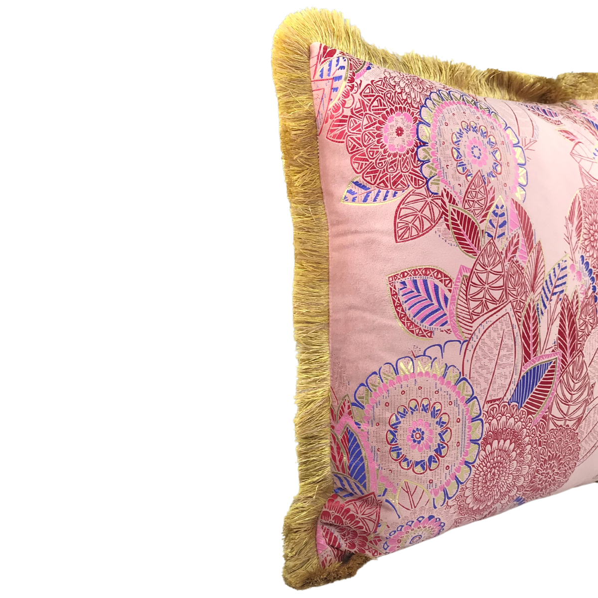 Almofada FJURI 45x45 Rosa com Folhas Douradas e Azuis e franja Dourada