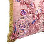 Cushion FJURI 45x45 Pink with Gold and Blue Leaves and Gold Fringe