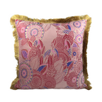 Cushion FJURI 45x45 Pink with Gold and Blue Leaves and Gold Fringe