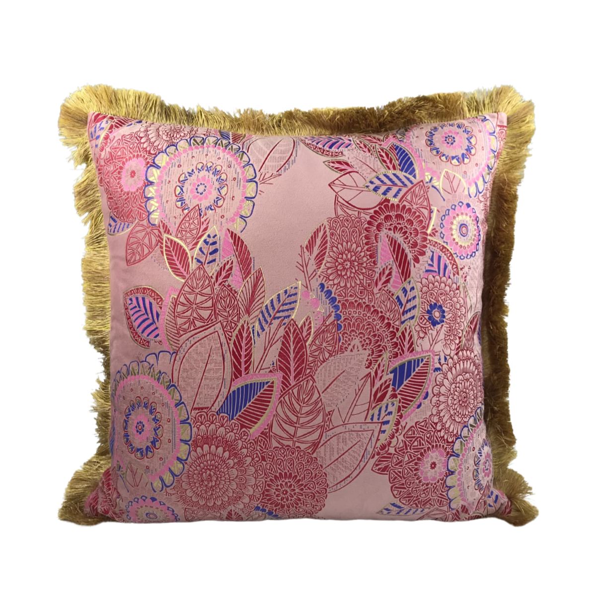 Cushion FJURI 45x45 Pink with Gold and Blue Leaves and Gold Fringe
