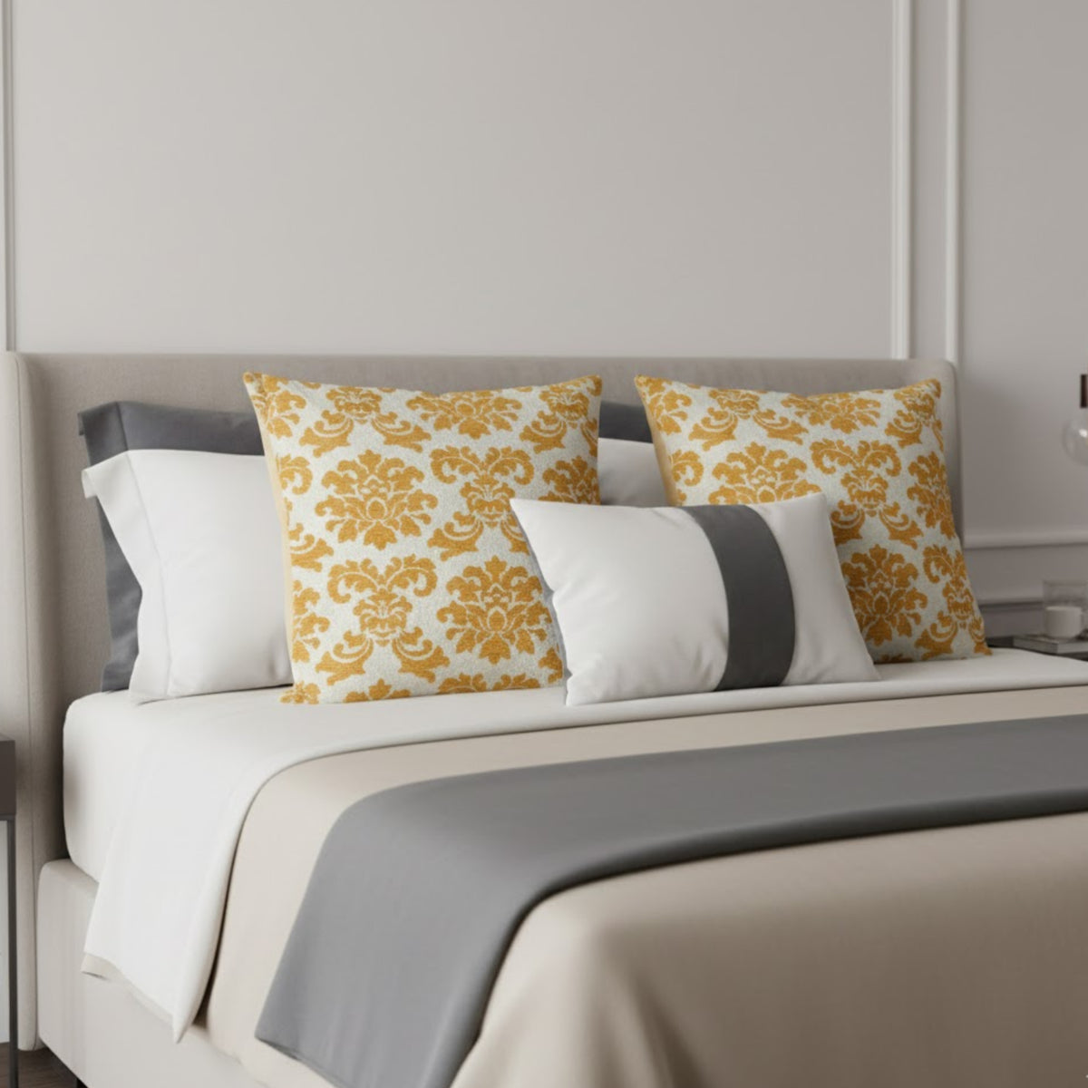 Cushion FJURI 60x60 Cotton with Fleur-de-lis in Mustard Yellow
