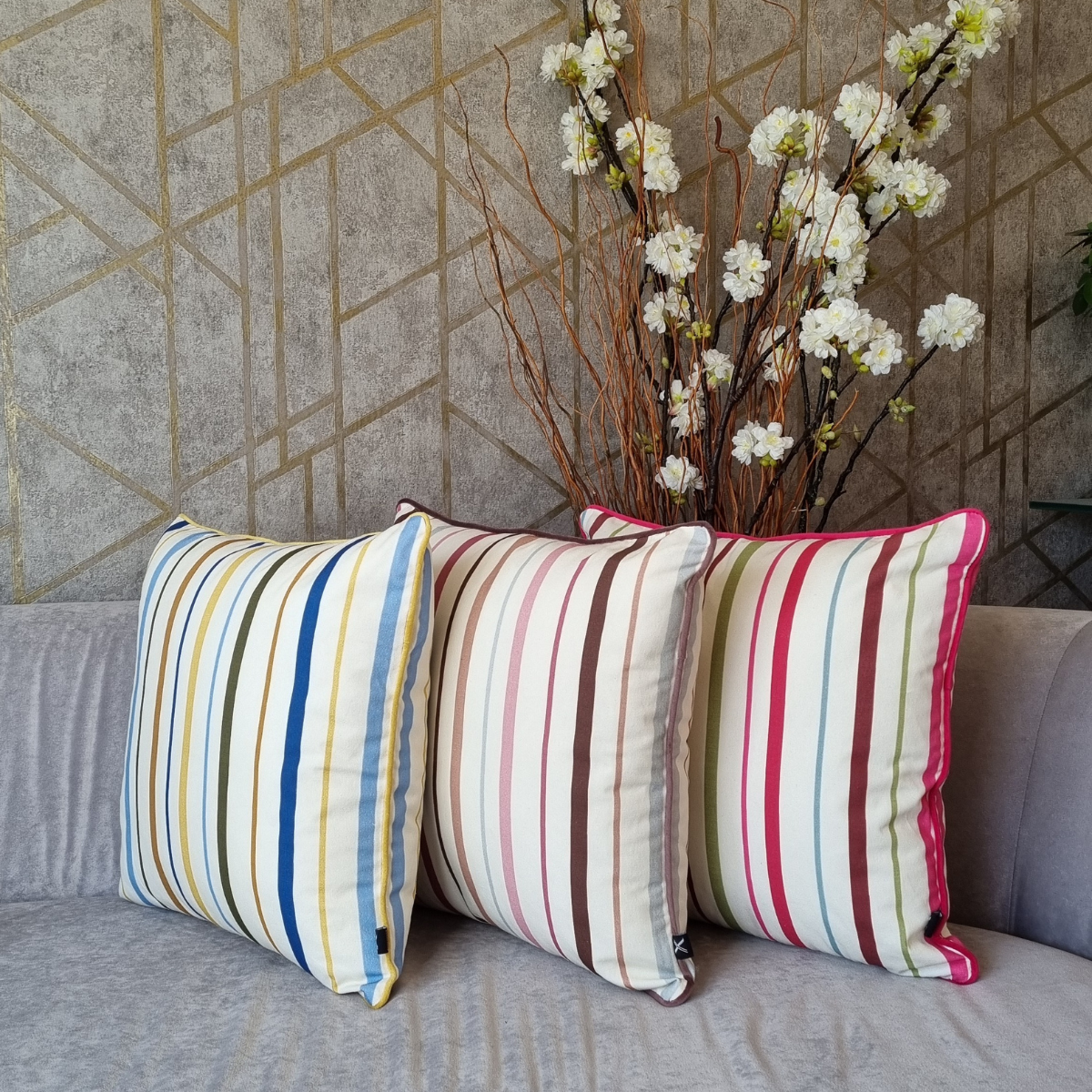Cushion KULURI 45x45 Yellow, Blue and Brown Stripes with Yellow Edge
