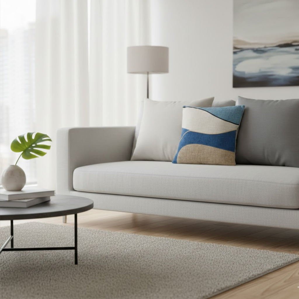 Almofada KULURI 45x45 estilo linho efeito ondulado com tons de Azul e Bege