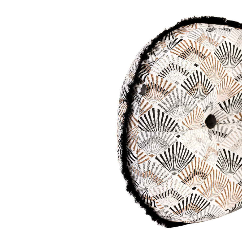 MUDELL Round Cushion 45 Geometric Brown with Gold Appliqué and Black Fringe