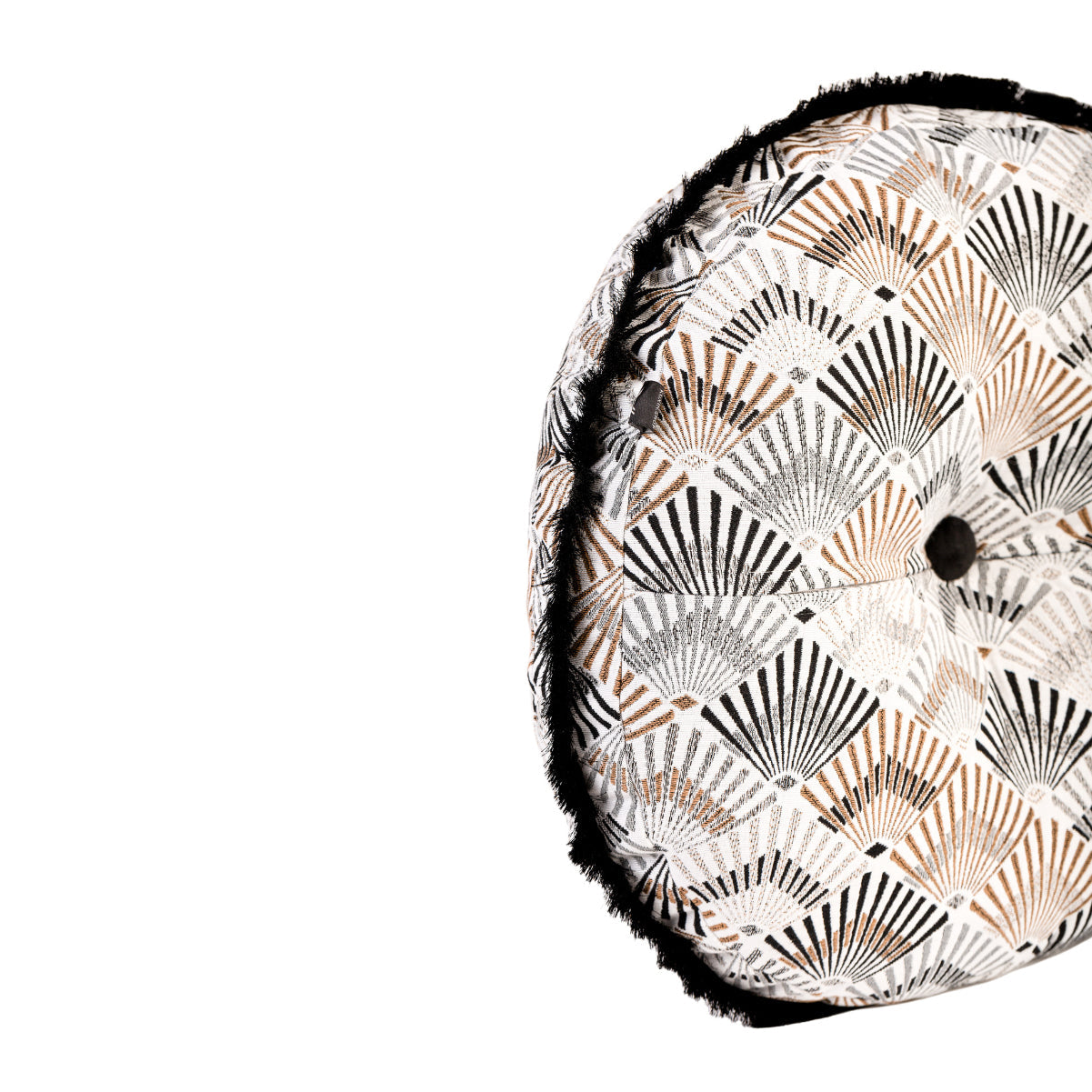 MUDELL Round Cushion 45 Geometric Brown with Gold Appliqué and Black Fringe