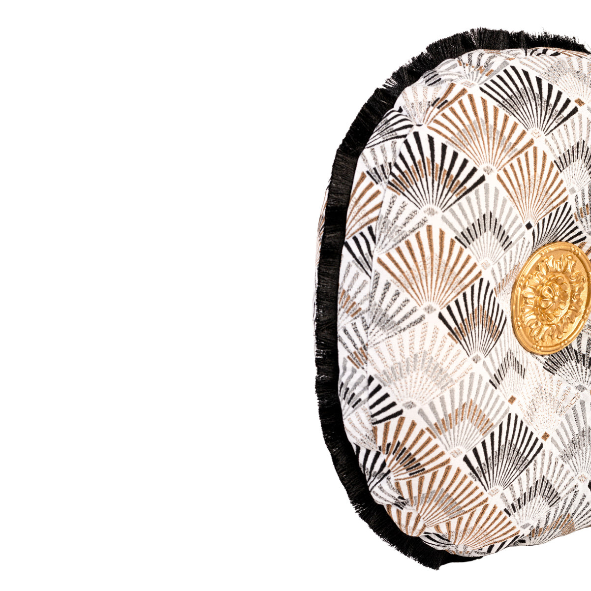 MUDELL Round Cushion 45 Geometric Brown with Gold Appliqué and Black Fringe