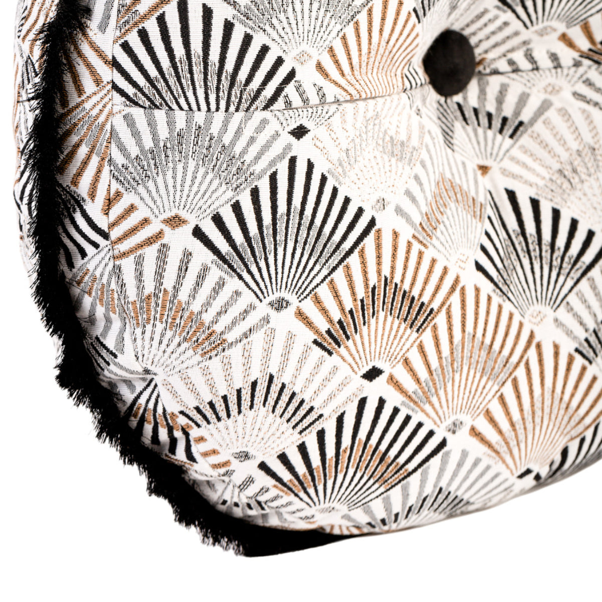 MUDELL Round Cushion 45 Geometric Brown with Gold Appliqué and Black Fringe