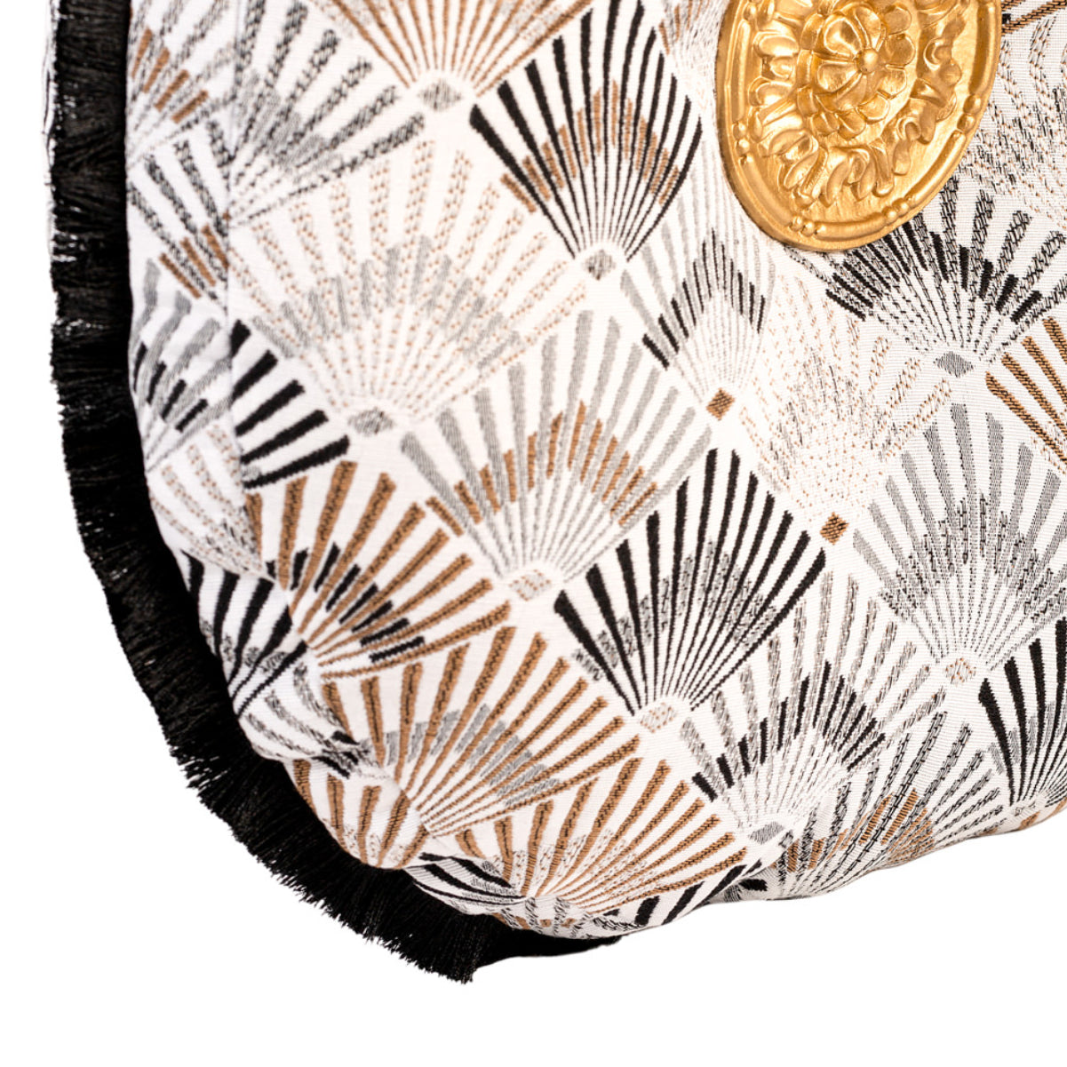 MUDELL Round Cushion 45 Geometric Brown with Gold Appliqué and Black Fringe