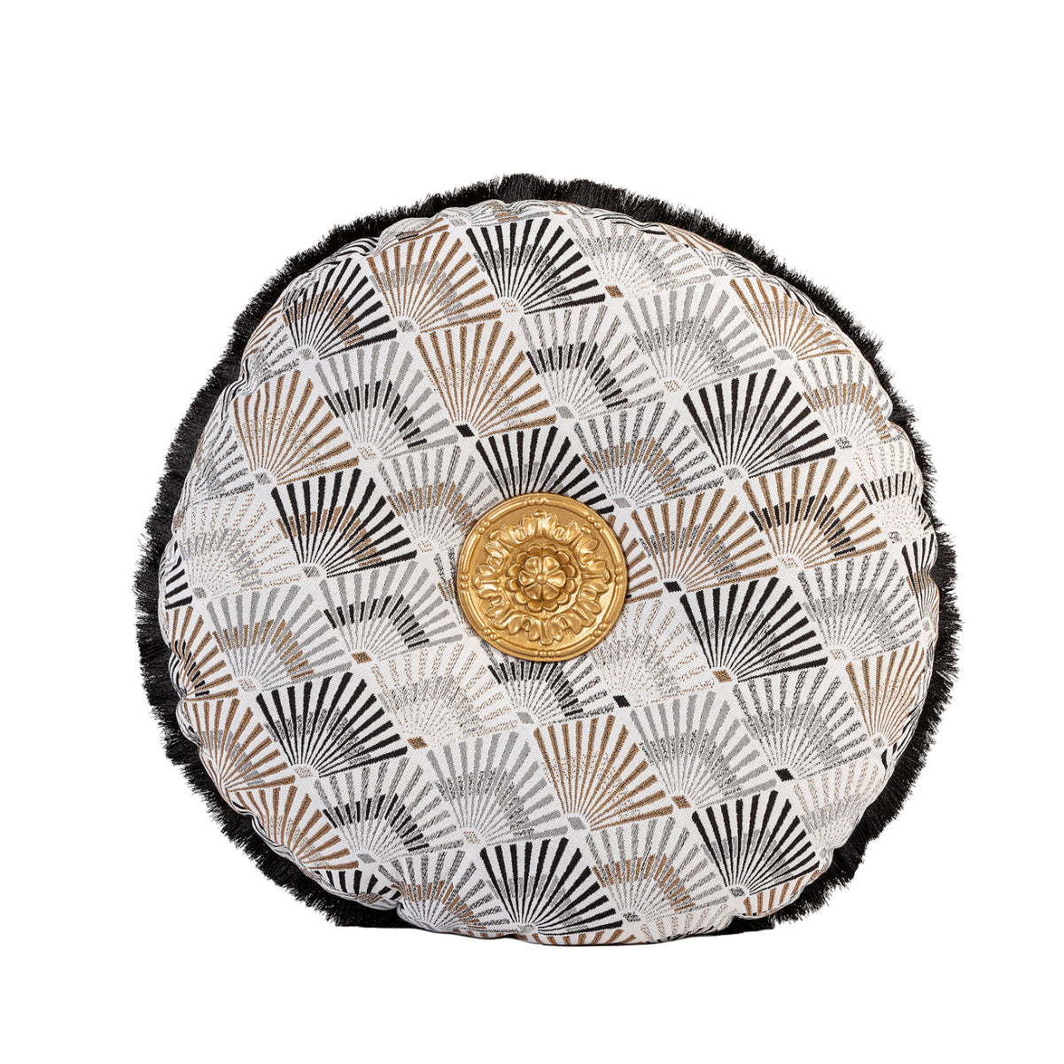 MUDELL Round Cushion 45 Geometric Brown with Gold Appliqué and Black Fringe