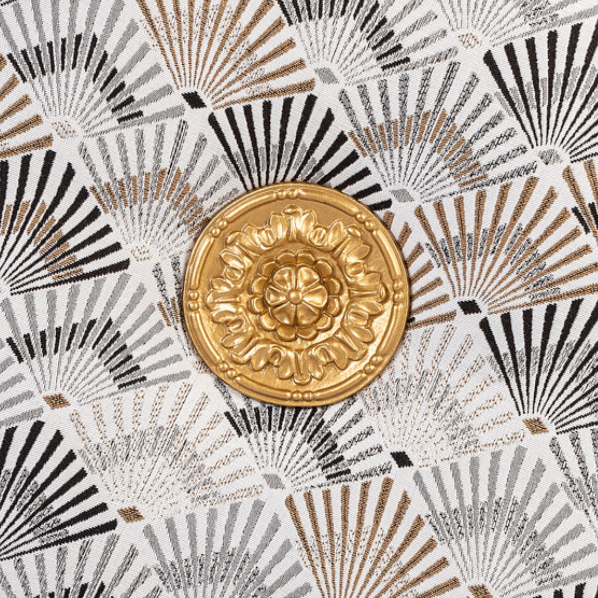 MUDELL Round Cushion 45 Geometric Brown with Gold Appliqué and Black Fringe