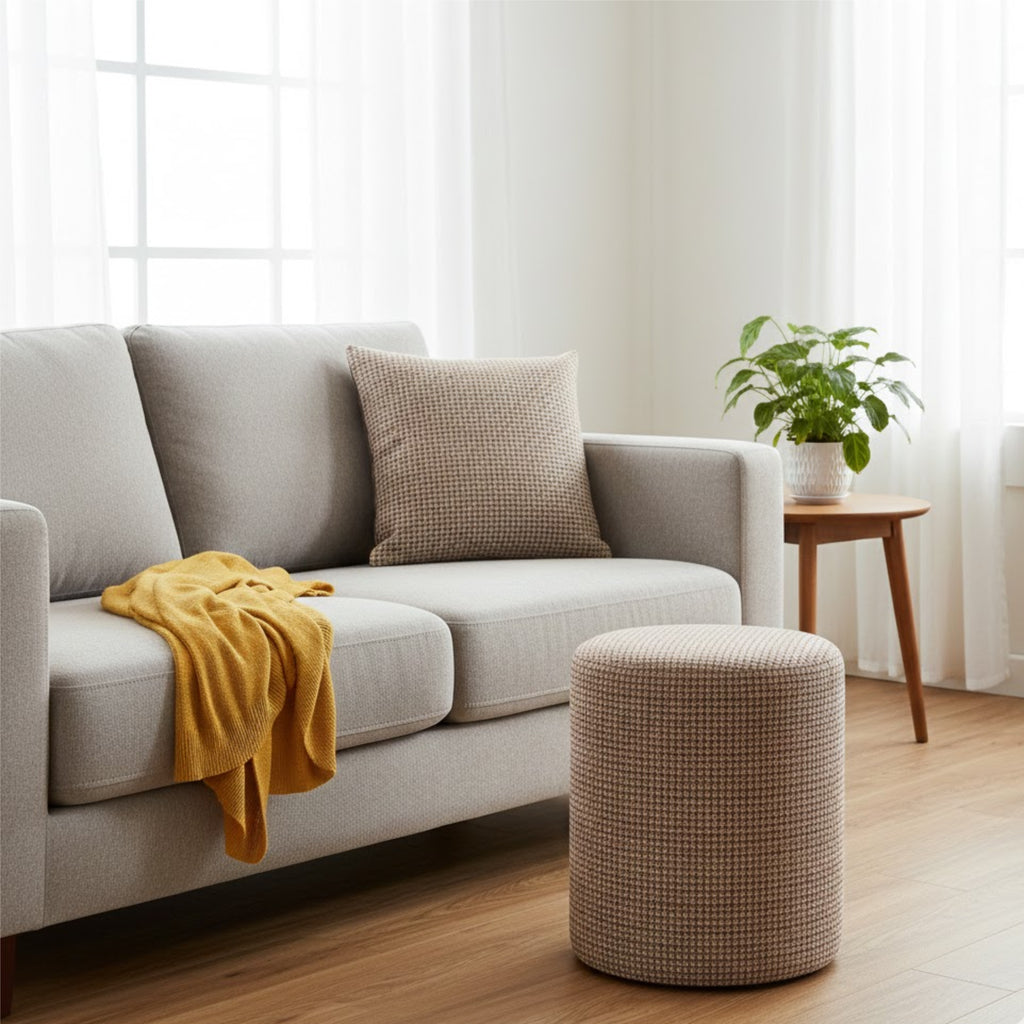 Puff GEWA 40x35 redondo em tecido quadrados Azul, Laranja e Bege